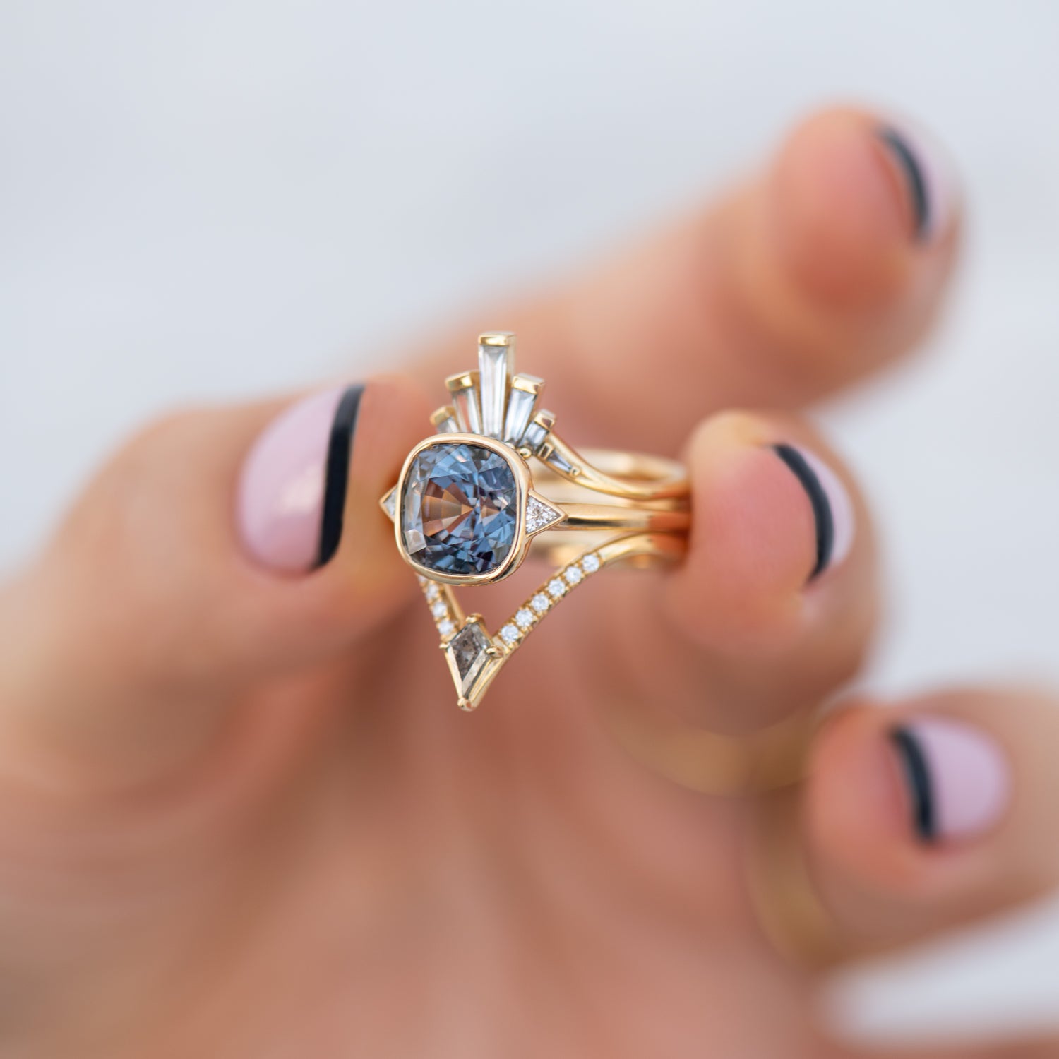 Princess Black Diamond Matching Halo Engagement Ring Set
